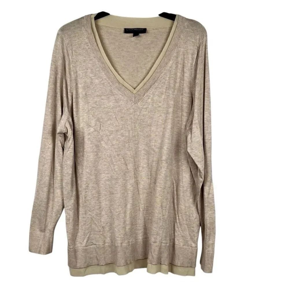 Lane Bryant Oatmeal Heathered Tan V-neck Sweather Chiffon Trim 18/20
